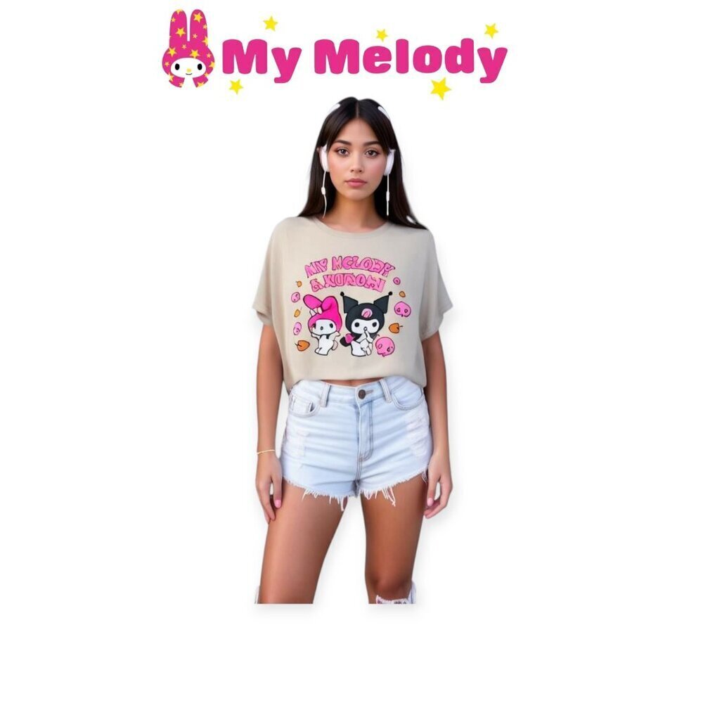 Sanrio My Melody Kuromi Beige T-Shirt Size L Y2K Graphic Cotton Tee